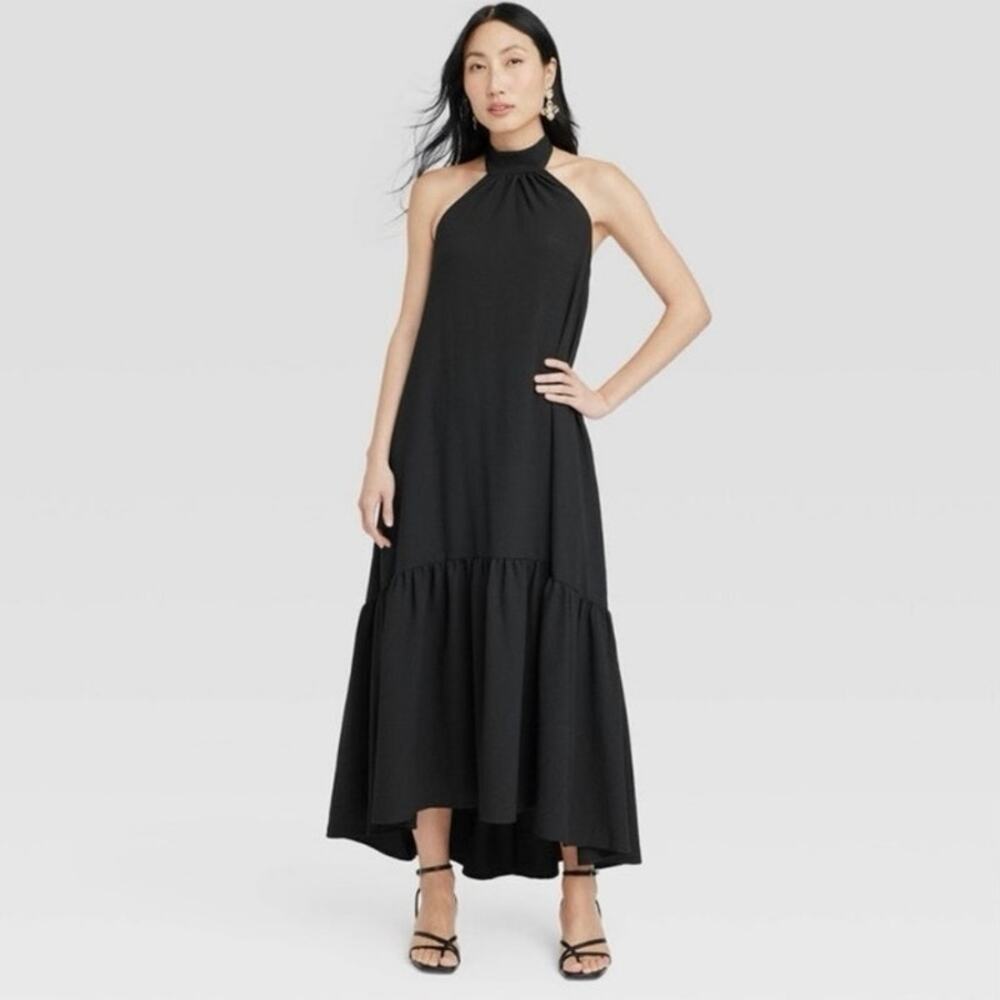 NEW A NEW DAY Halter High Low Black Dress Size Small Tiered Bottom Elastic Back